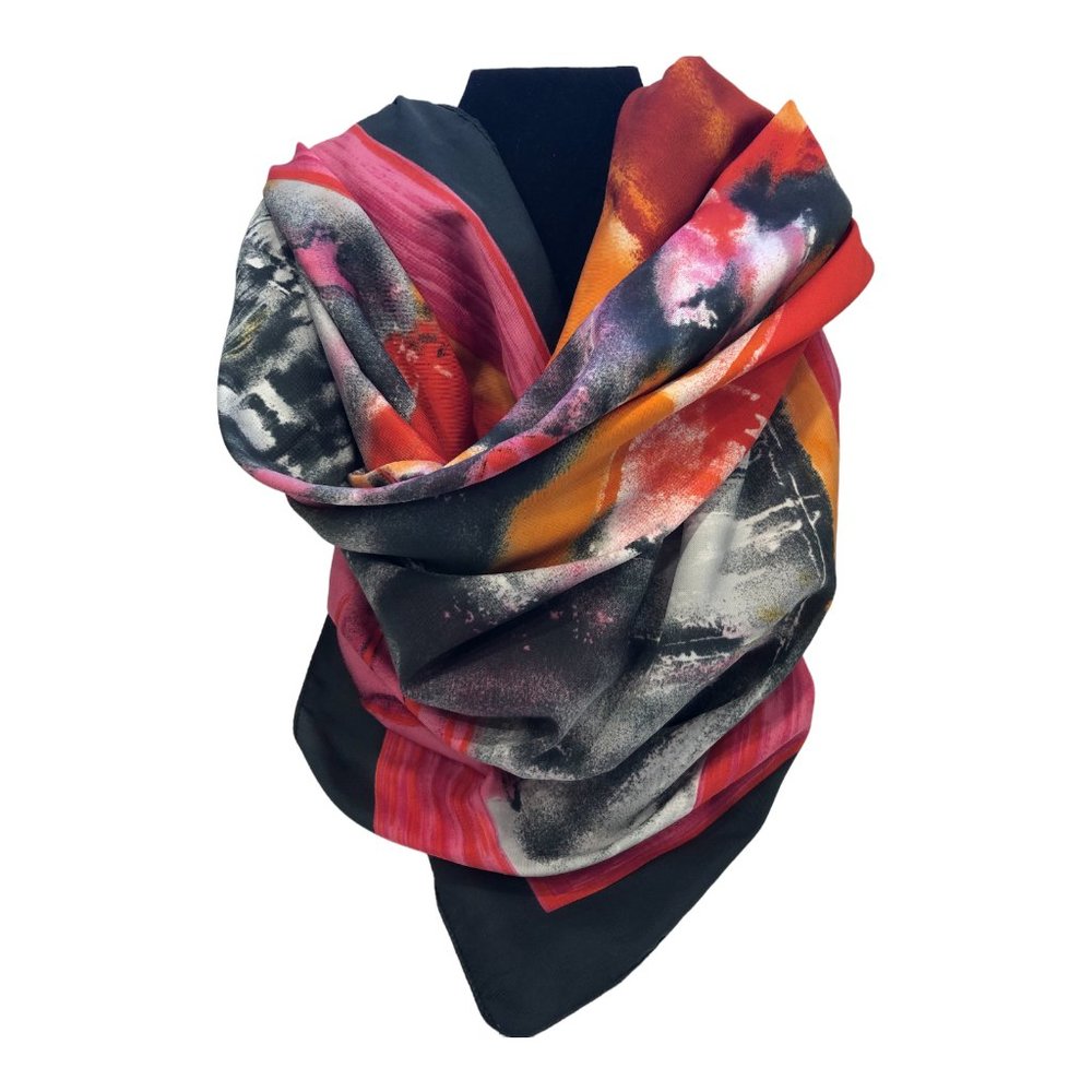 I D Unlimited Bright Fuchsia Pink Red Orange Black Square Scarf Made In Italy